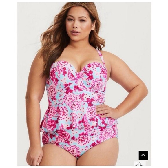 Torrid Other - Torrid Floral Tankini Ruffle Swim Top Aqua Blue & Pink Beach Vacation Bathing Su